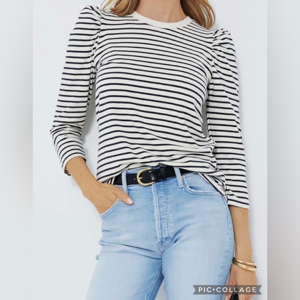 Pomander Place Navy Nautical Striped Puff Sleeve Long Sleeve Crewneck Size S